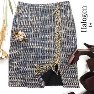 New Halogen Blue Tan Grey Tweed Tassled Skirt Sz 2
